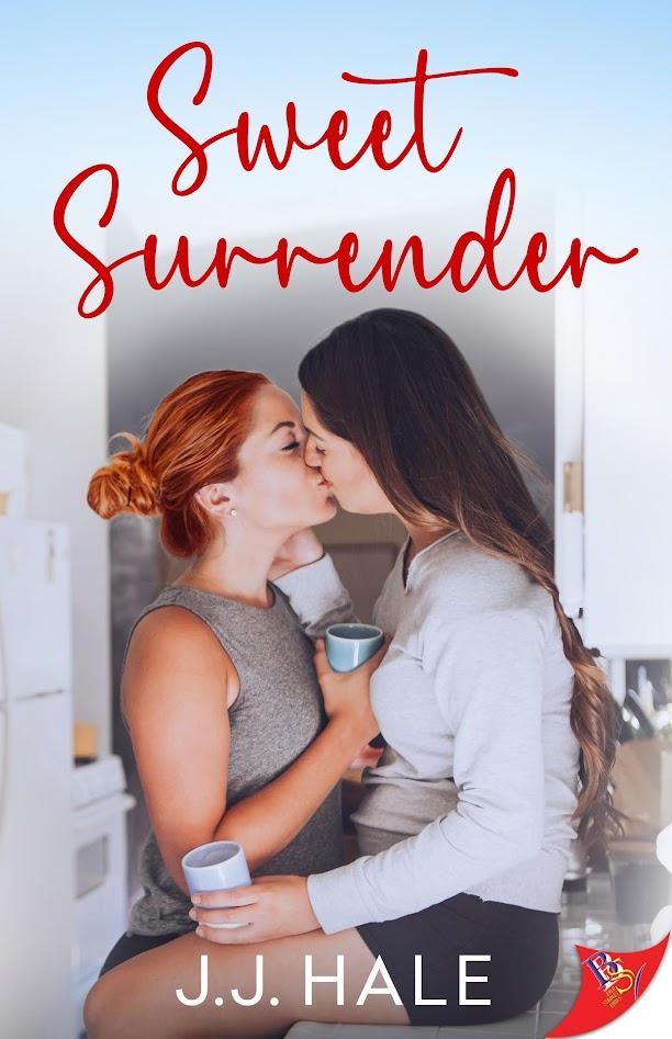 Two women, one brunette sitting on a kitchen counter and one redhead standing between her legs as they kiss. The title Sweet Surrender is written in red text at the top and the author J.J. Hale is in white text at the bottom.